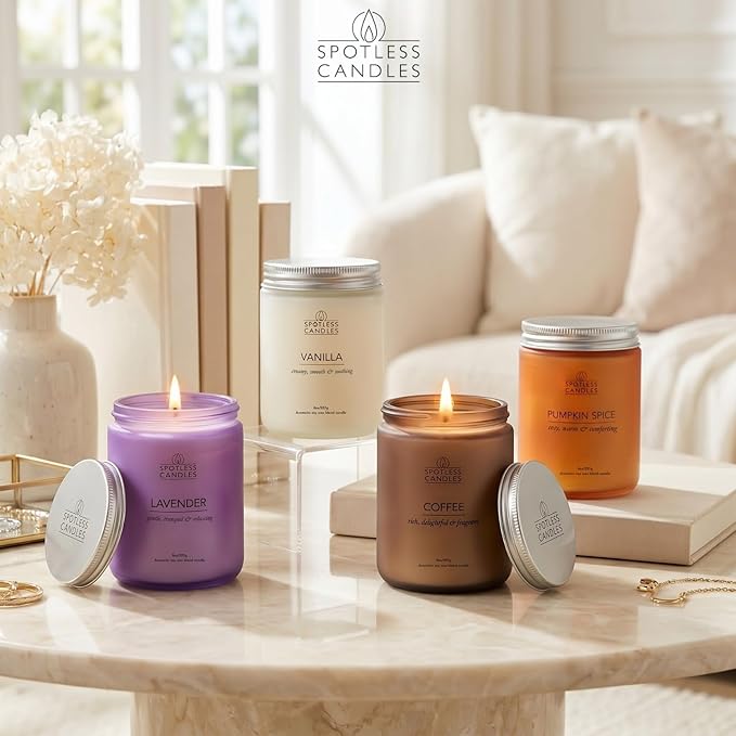 Candles for Women - 4 x 8oz Colored Glass Jars (3.7" H x 2.87" Dia) Mixed Set of Classic Scents Pumpkin Spice, Coffee, Vanilla, Lavender, 200 Hours Burn Time, Classic Candle Set by Spotless Leopard
