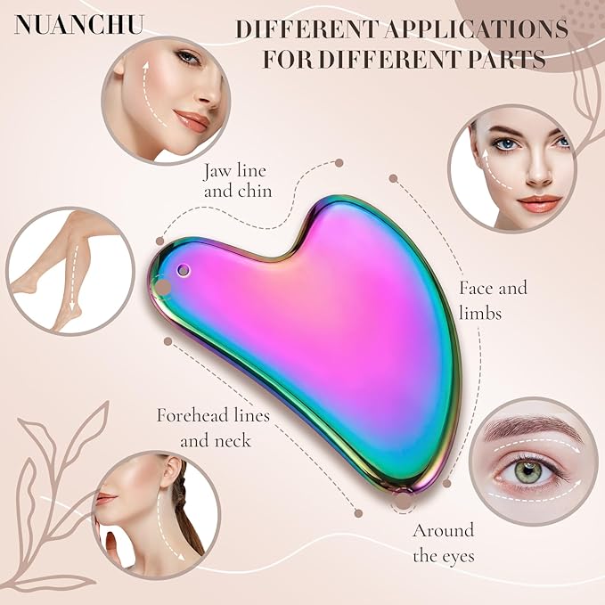 Nuanchu Stainless Steel Gua Sha Facial Tool, Metal Gua Sha for Lymphatic Drainage, Guasha Face Sculpting Double Chin Reduce with Pouch Mother Day Self Care Gift(Rainbow)