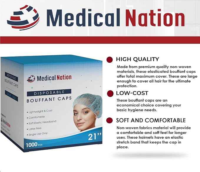 Medical Nation 21" Disposable Bouffant Caps Hair Net | CASE OF 1000, BLUE | Non-Woven, Non-Pleated Hairnets | Perfect for Medical, Labs, Nurse, Tattoo, Food Service, Hospital, Cooking - Size 21" Blue
