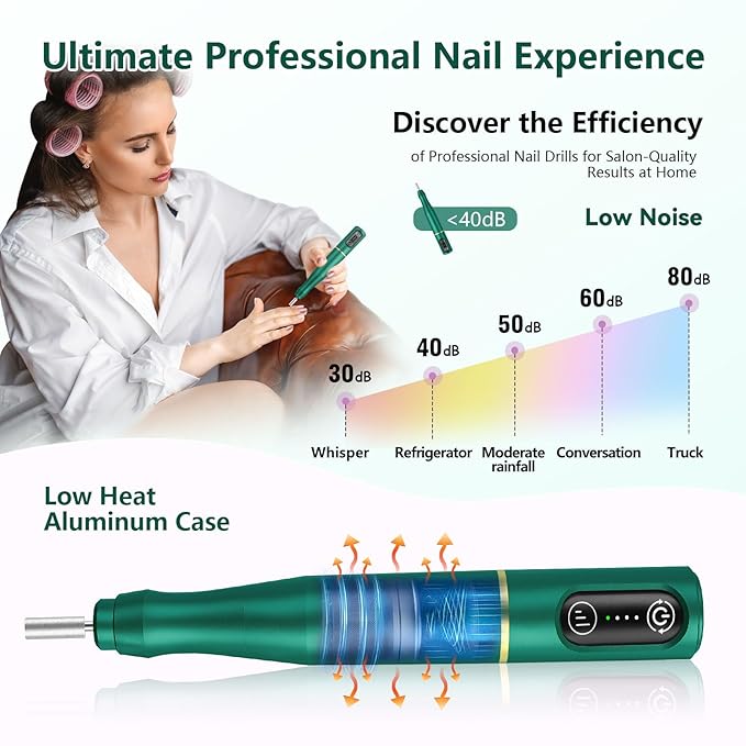 TUOBEO Cordless Nail Drill Electric Rechargeable File Kit, Professional Efile Acrylic Gel Nail Polish Remover Pedicure Manicure Machine Portable Set with 11 Bits 56 Sanding Bands Salon Blackish Green