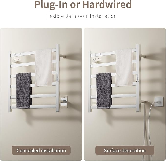 Wall Mounted Towel Warmer Square 6 Bars with Plug-in and Hardwired Options 3 Working Modes Mirror Polished Stainless Steel 24”W 34”H