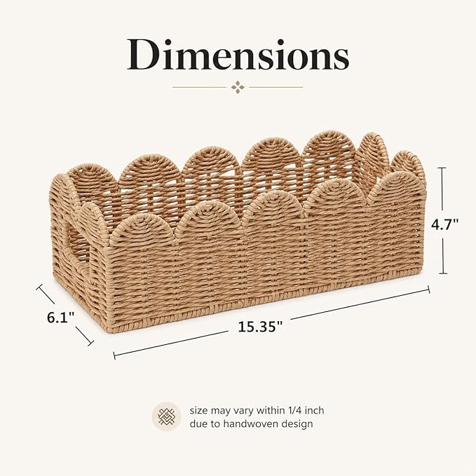 Scalloped Khaki Toilet Tank Basket for Back of Toilet, Wicker Bathroom Tray for Toilet Paper Storage, Bathroom Organizer for Tank Top, Countertop & Small Spaces