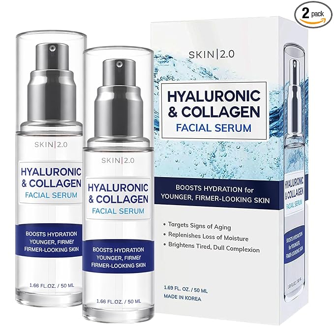 Skin 2.0 Hyaluronic Acid & Collagen Face Serum - Dermatologist Tested, Skin Tightening, Hydrating - Anti-Aging, Clean Beauty, Cruelty-Free Korean Skincare for All Skin Types - Duo Pack