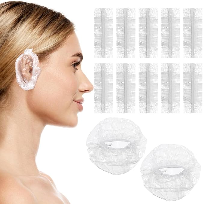 100 Pcs Disposable Ear Covers for Shower, Clear Waterproof Ear Covers for Bathing, Waterproof Plastic Ears Shower Caps for Hair Dye Spa Salon Beauty Treatments