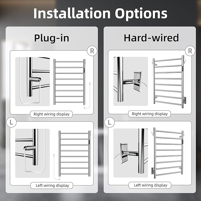 P&Dlusir Towel Warmer, Heated Towel Rack with Smart Timer and Thermo Control, Wall-Mounted Heated Towel Rail, Stainless Steel, Hard-Wired/Plug-in, Polished, 8 bar