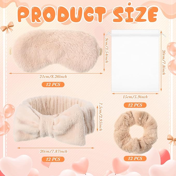 Mimorou 48 Pieces Spa Party Supplies Gift for Mother's Day 12 Spa Headband 12 Plush Sleep Eye Mask 12 Velvet Scrunchies 12 Organza Bags for Sleepover Slumber Party Graduation Gift(Beige)