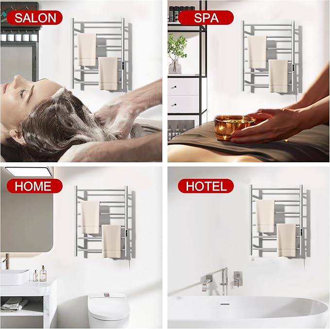Heated Towel Racks for Bathroom, Wall Mounted Electric Towel Warmer Racks with Timer & Temperature Control, 6 Bar Stainless Steel Towel Heater for Bathroom, Brushed Silver, Plug-in
