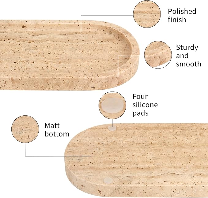 Natural Marble Tray Oval, Bathroom Vanity Tray for Countertop, Elegant Stone Decorative Organizer for Perfume, Jewelry, Home Decor (1, Travertine, 10 x 5 x 0.6)