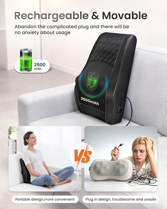 Boriwat Shiatsu Back Massager for Pain Relief Deep Tissue-Movable Electric Neck Back Massager with Heat- Rechargeable Cordless Massage Heated Lower Back Massage for Office/Home/Car-Gift for Men Women