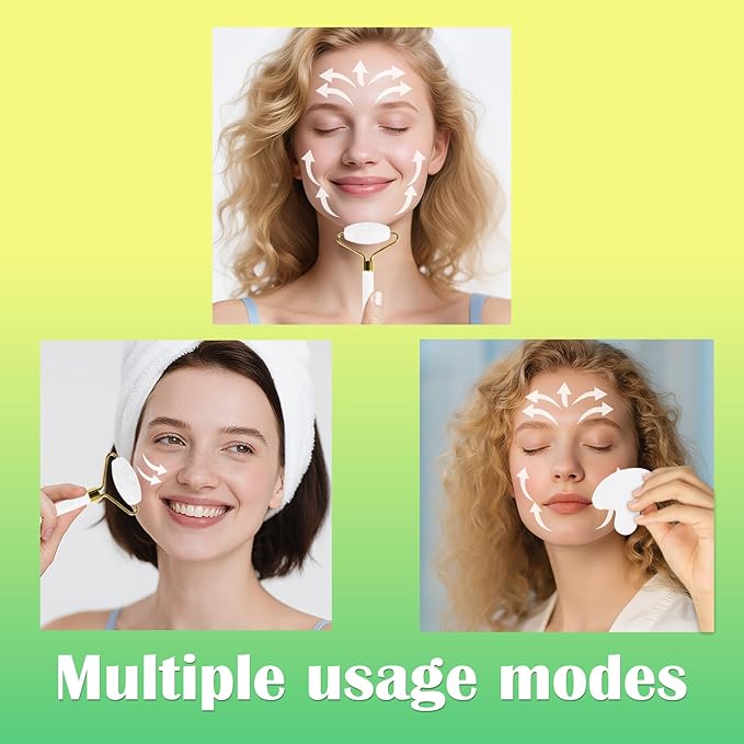 Jade Roller Gua Sha Tools – Nature Gua Sha Facial Tool Skin Tightening Face Massager Anti-Aging Jade Face Roller Puffiness Reducing Guasha Stone for Women Men 2-Color Pack(G/W)
