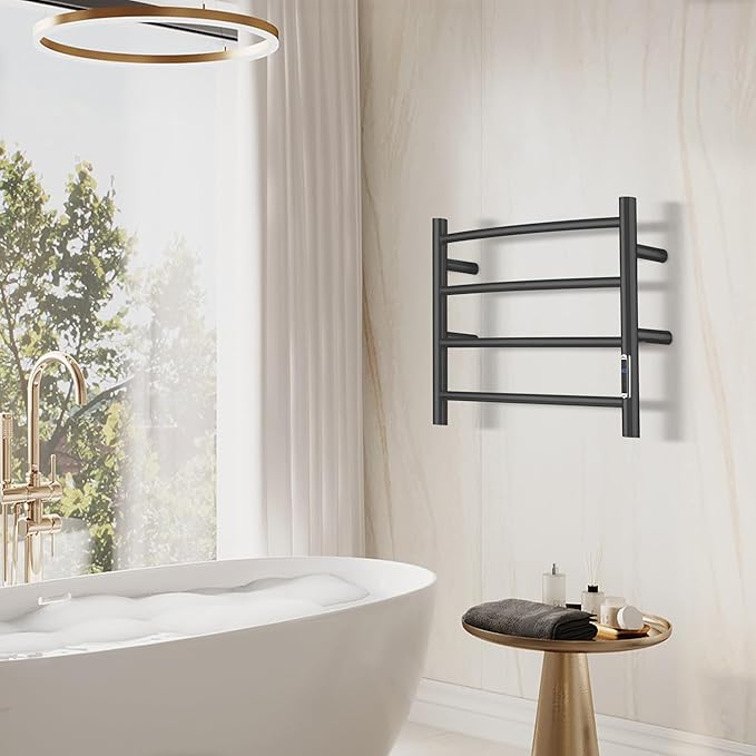 Electric Towel Warmer with Built-in Timer - Wall Mounted Bathroom Heated Towel Rack, Plug-in Design & Brushed Stainless Steel Finish Black