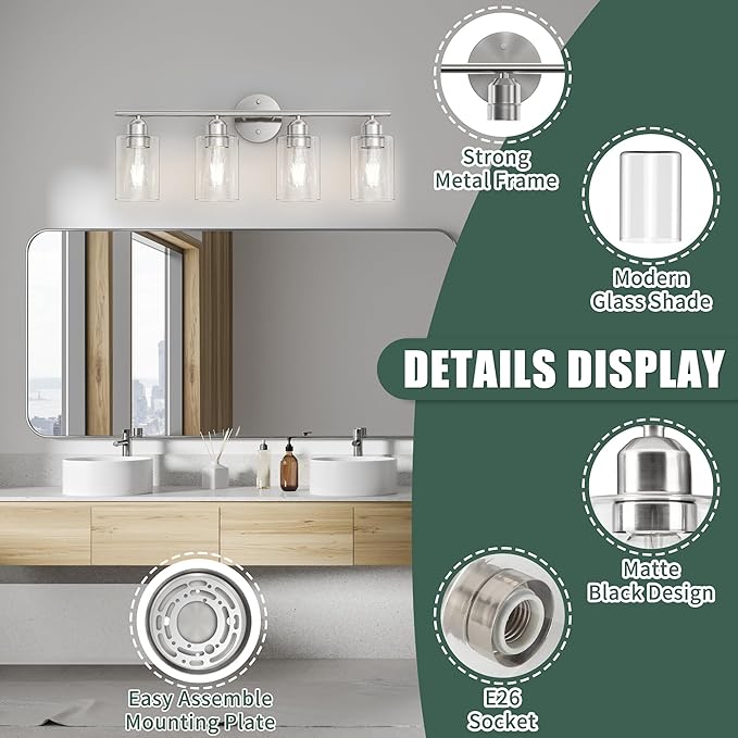 Espird Bathroom Vanity Light Fixtures Brushed Nickel,4 Lights Rustic Farmhouse Vanity Bar Lighting Over Mirror Modern Industrial Wall Sconces Lamp with Cylinder Glass Shade