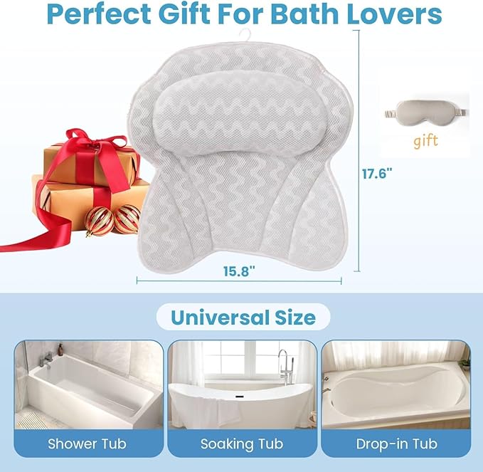 Bath Pillow, Luxury Bathtub Pillows for Neck and Back Support,Bath Tub Pillow with Soft 4D Breathable Mesh Fabric and Nonslip Suction Cups,Relaxing Bath Accessories Spa Gifts .(Wave White)