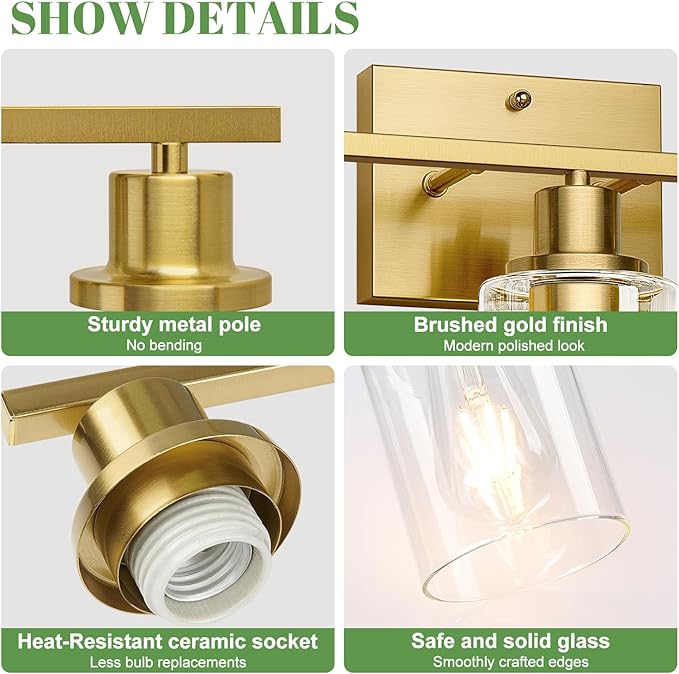MOKATNG 3-Light Bathroom Light Fixtures, Vanity Light with Clear Glass Shades, Brushed Gold Bathroom Light Fixtures Over Mirror, Modern Bathroom Wall Lamp for Mirror Living Room Cabinet Bedroom