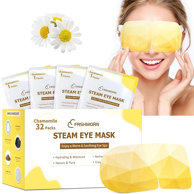 32Packs Steam Eye Mask, Heated Eye Mask for Sleeping, Warm Compress for Eyes, Self Heating Disposal Steam Mask for Home Sleep, Office, Spa, Travel Essentials Mothers Day Gifts (Chamomile)