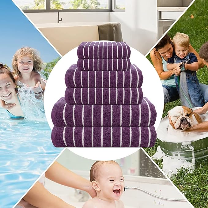 CASA COPENHAGEN Ecstatic 6Pcs 100% Egyptian Cotton Large Designer Towels Gift Set- Purple, 600GSM, 2Bath 2Hand 2Washcloths, Bath Towels for Bathroom Set for Women & Men