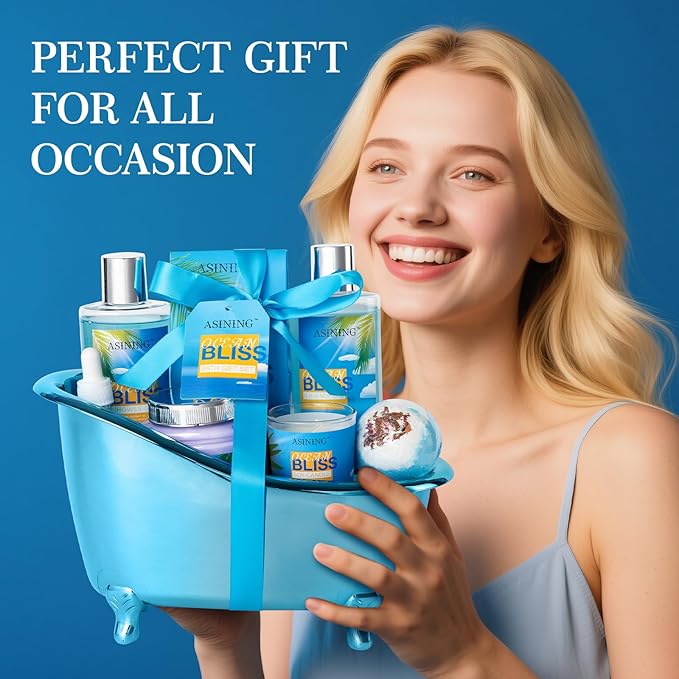 Gift Baskets for Women Spa Gift Baskets for Men Bath and Body Gift Set for Her, Ocean Bliss scents Lotion Spa Gifts for Women Bath Gift for Her or Him Body care gifts Home Spa Kit BathTub