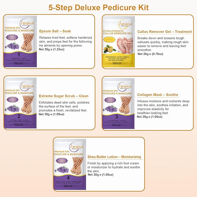 Deluxe Pedicure Kit 5 Step Spa Set – Epsom Salt Soak, Callus Remover Gel, Sugar Scrub, Collagen Mask & Shea Butter Lotion – Professional At Home Foot Care (Lavender, 06 Sets)