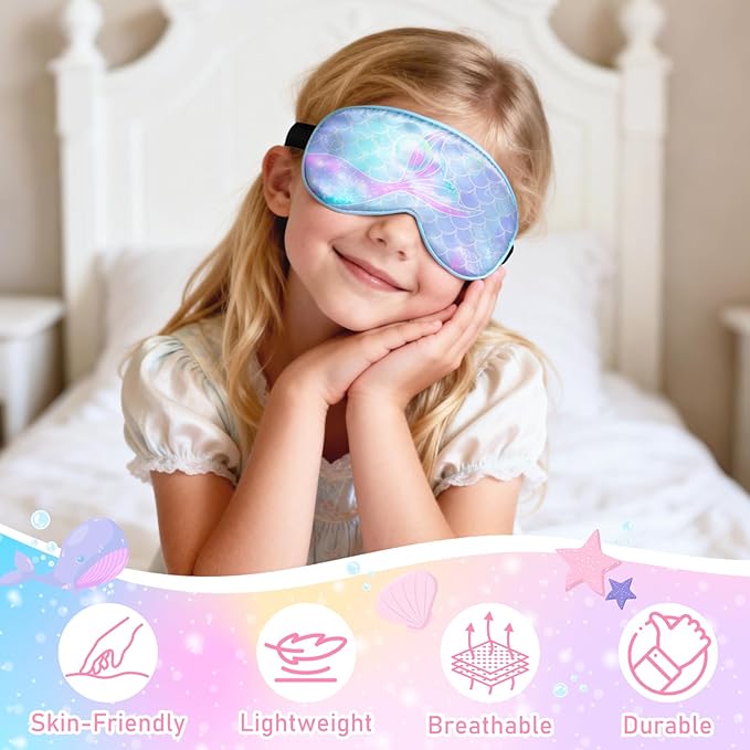 OlyPegic 2 Pcs Kids Sleep Mask Girls Silk Eye Mask Sleeping with Adjustable Strap Soft Lightweight Kids Eye Cover Mask Blindfold Shade Light Blocking Travel and Home Use Girls Teens Rainbow Unicorn