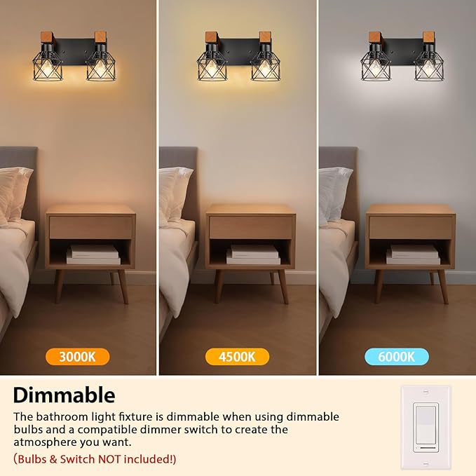 2-Light Farmhouse Bathroom Light Fixtures Over Mirror, Rustic Wood Vanity Lights for Bathroom, Vintage Black Sconces Wall Lighting with Metal Shade for Living Room, Cabinet, Hallway