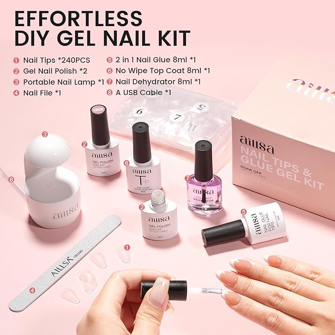 AILLSA Nail Extension Kit Short Almond Nail Tips 240pcs with 2 In 1 Nail Glue Base Coat and Nail Dehydrator, Gel Nail Tips Kit with Nail Lamp Top Coat for Starters Home Salon