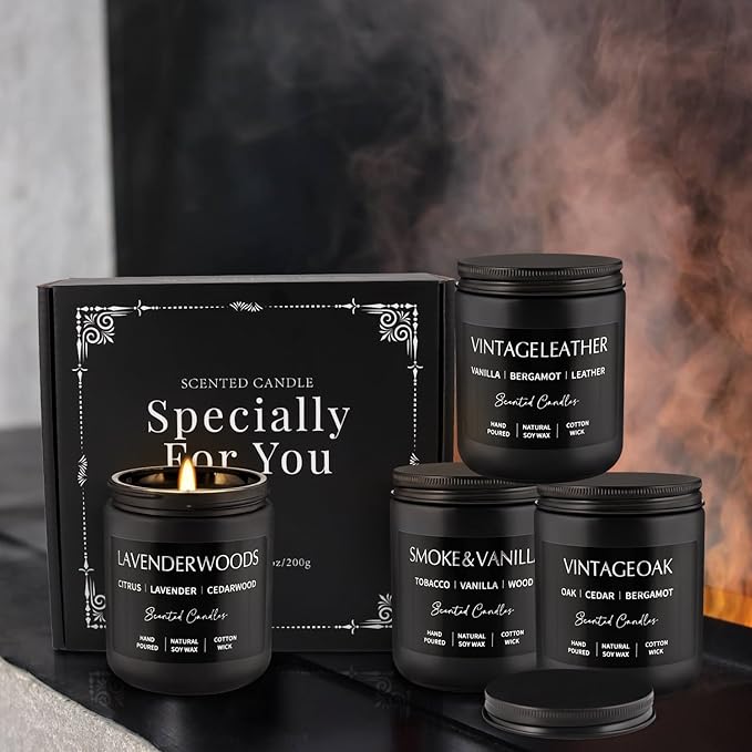 WPONSZU 4Psc Scented Candles Set,7oz Gifts for Men Aromatherapy,Soy Candle of Smokeless - Leather & Smoke, Vanilla Oakmoss, Lavender - Relaxing Fragrance for Home, Office, Yoga(Black)
