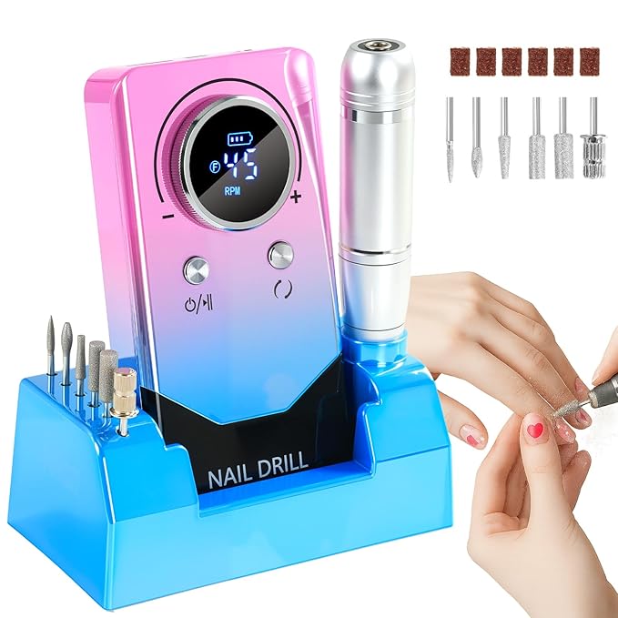 Droyek Electric Nail Drill Portable Nail Drill Professional 45000 RPM 6 Salon Quality Drill bits 6 Sanding Bands Portable & Low Noise for Acrylic Nails Gel Polishing Removing Bits Kit for Home Use