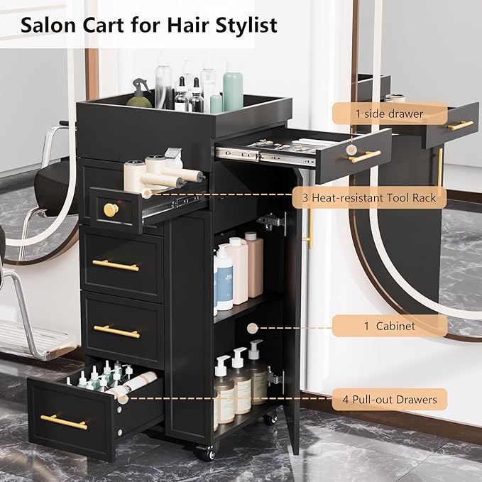 OmySalon Salon Trolley Cart, Hair Styling Station with 5 Drawers, 3 Tool Holders & Adjustable Shelf, Mobile Storage Cabinet Utility Trolley for Barber, Beauty Spa, Home (Black)