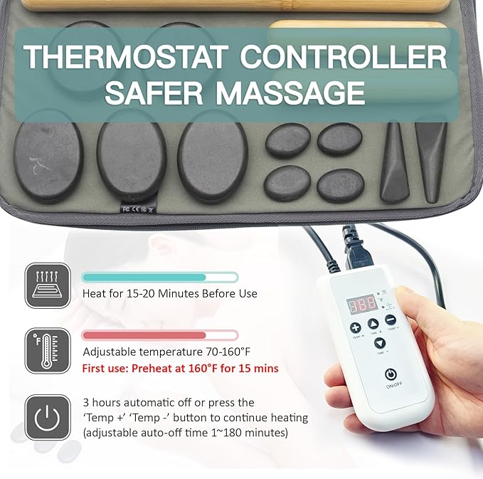Massage Stones Set with Warmer Kit Hot Rocks Bamboo for Massage Hot Stones Massage Warmer Kit with Temperature Control and Carry Bag for Home Use (11 Stones and 3 Sticks) Suitable for Gifting