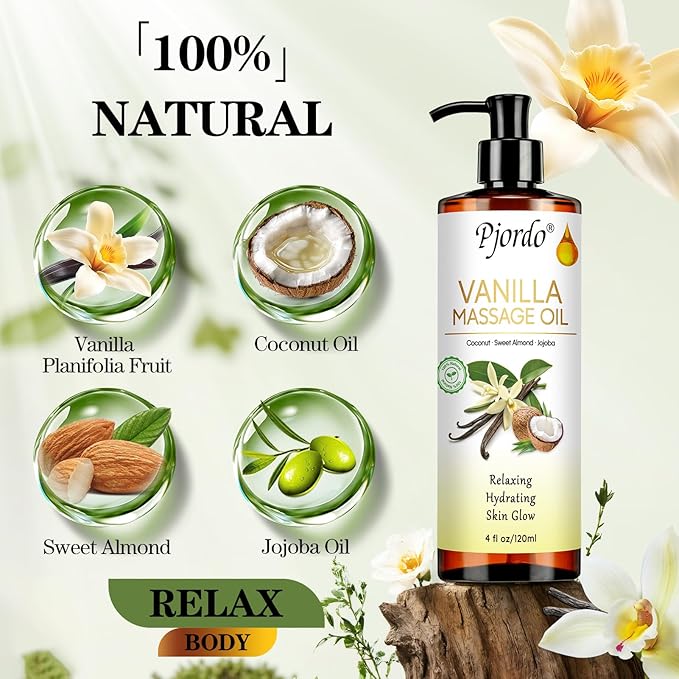 Pjordo Massage Oil for Massage Therapy, Vanilla, Lavender Oil, with Massage Roller Ball, Massage Oils for Muscle Relaxing, Calming, Soothing & Moisturizing, Spa Gift Set for Her and Him