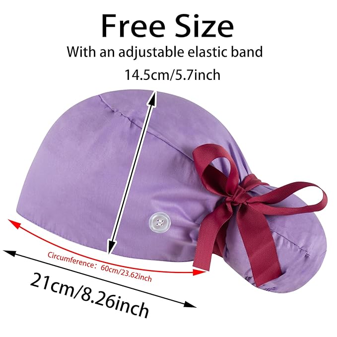 Scrub Caps Women Bouffant Scrub Hats Caps Nurses, Adjustable Working Cap Ponytail Pouch Tie Back Hats