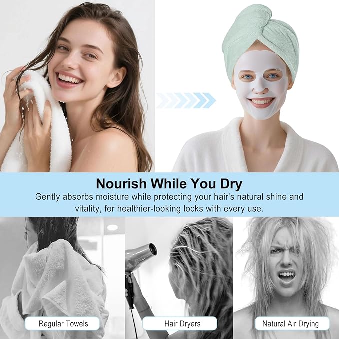 Microfiber Hair Drying Towel Wrap for Women, Hair Turbans Towel for Wet Hair,turbie Twist Hair Towels(The Color of the Picture is for Reference only) (Light Green,Light Green)