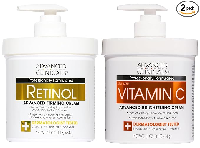 Advanced Clinicals Retinol Body Lotion + Brightening Vitamin C Lotion 2pc Skincare Set For Women & Men | Body Cream & Face Moisturizer Set Helps Improve The Look Of Dark Spots & Uneven Skin Tone, 2PC