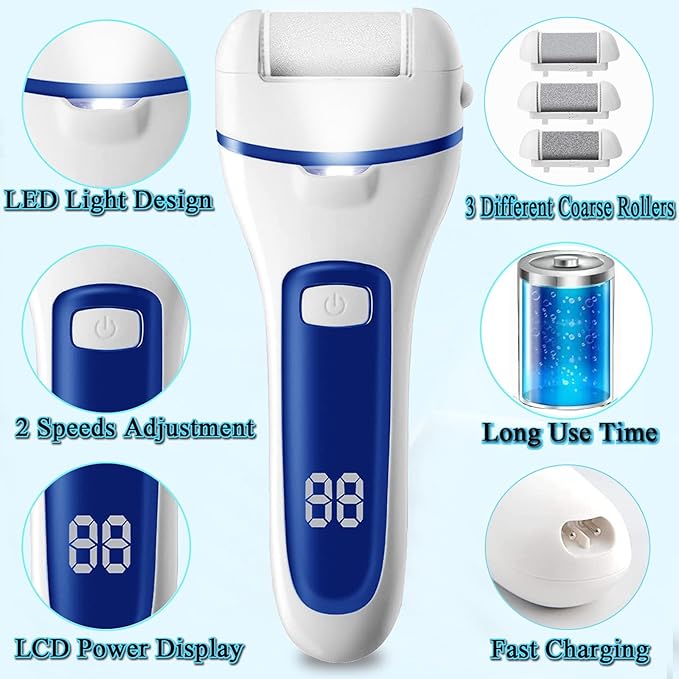 Callus Remover for Feet, 13-in-1 Professional Pedicure Tools Foot Care Kit, Foot Scrubber Electric Feet File Pedi for Hard Cracked Dry Dead Skin, 3 Rollers, 2 Speed, Battery Display (White&Blue)