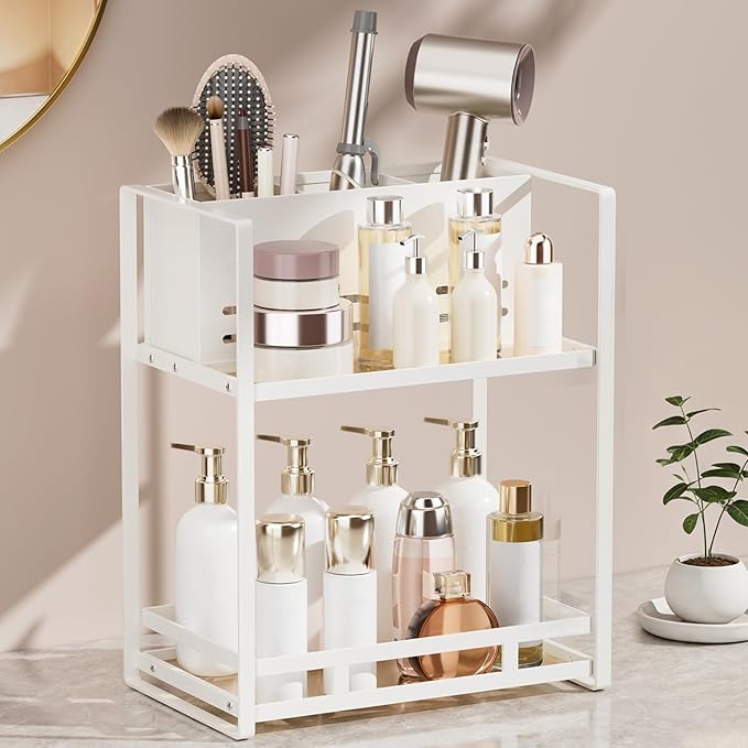 SanDream Hair Tool Organizer Bathroom Countertop, 2-Tier Metal Bathroom Organizer with Blow Dryer Holder, Large Capacity Space-Saving Vanity Shelf for Perfume, Skincare & Makeup Storage (White)