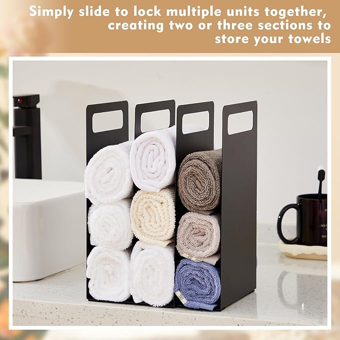 LEIFIDE Set of 2 Interlocking Towel Organizer Metal Bathroom Towel Storage Rack Shelf Dividers Organizers for Closet Home Space Saving (Black)