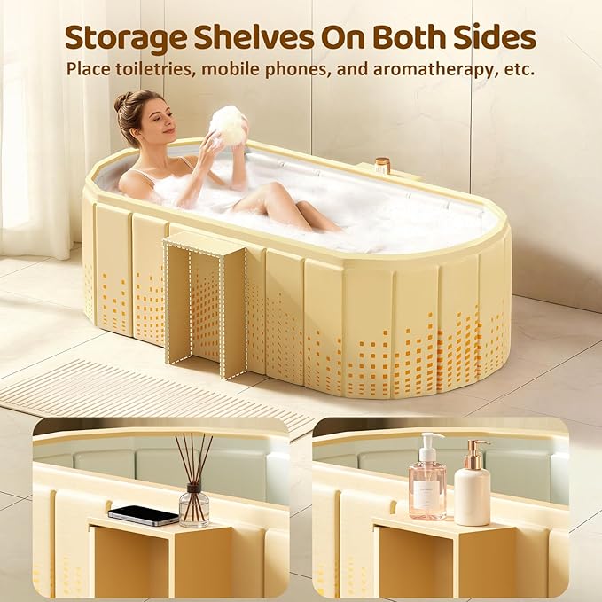 Portable Foldable Bathtub, Freestanding Bathtub No Installation, Bathroom SPA Soaking Bath Tub, Shower Stall Collapsible Hot & Ice Bath Tub (Yellow with Storage Rack, 47.2"L x 21.6"W x 19.6"H)