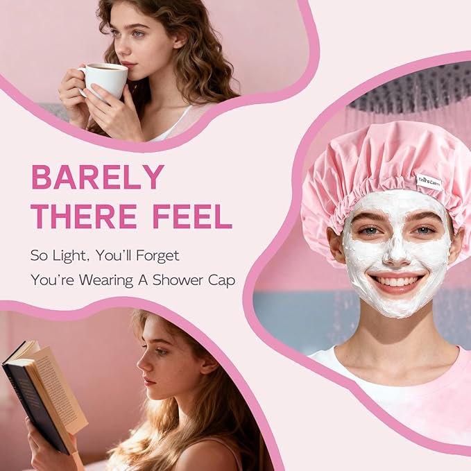Years Calm Shower Cap for Women Waterproof Reusable – 27g Ultra Lightweight Double-Layer Shower Bonnet, Secure Fit for Long, Curly Hair, Travel & Spa (Pink)