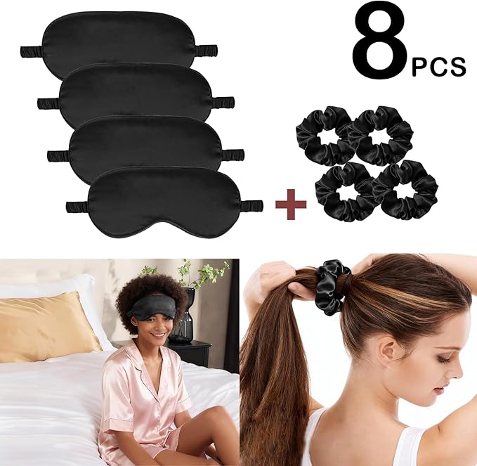 Satin Eye Mask 8Pcs Silk Sleep Masks Silky Blindfold Eyeshade Blackout Eyes Cover Scrunchies Hair Ties Travel Wedding Gifts
