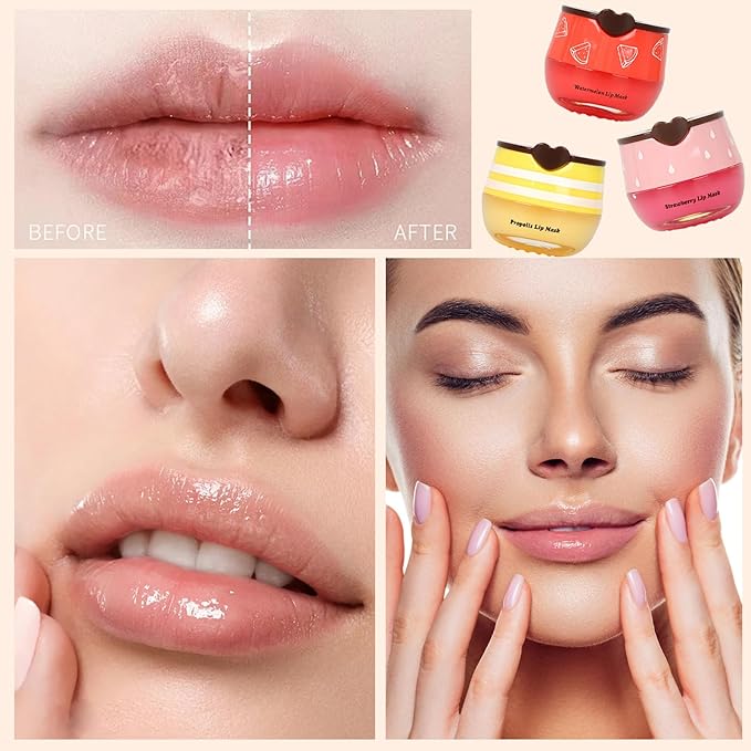 3 PCS Bee Lip Balm Lip Mask Honey Pot, Mothers Day Gifts, Honey & Strawberry & Watermelon Lip Sleeping Mask Overnight Moisturizing Honey Lip Balm, Teacher Appreciation Gifts, Birthday Party Favors