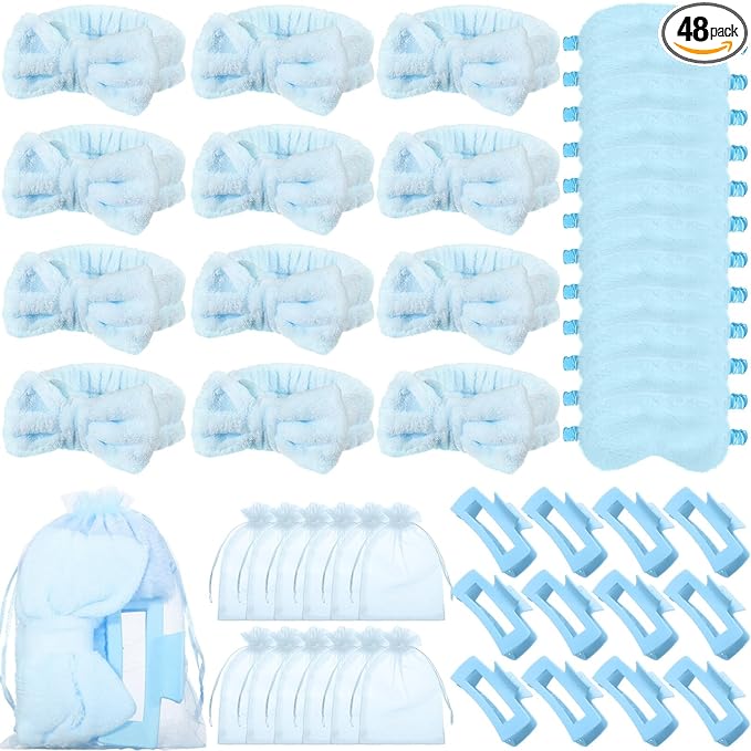 48 Pcs Spa Party Supplies Sleepover Essentials Gift for Mother's Day Spa Headband Plush Eye Mask Claw Clips Organza Bag for Women Adult Slumber Party Supplies (Blue)