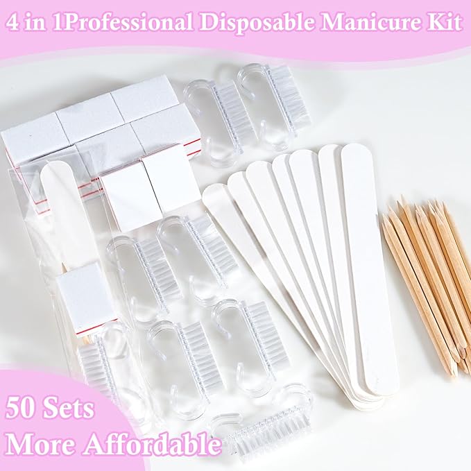 50 Sets Disposable Manicure Kit Basics 4 Piece Nail Kit for Travel,Handle Grip Brush,Mini Nail Buffer Nail File and Wood Stick for Gifts Salon Home Professional(50 Set -White)