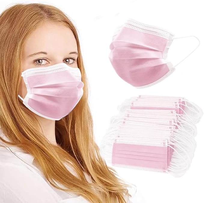 100Pcs Pink Disposable Face Mask, 3 Ply Masks with Soft Elastic Ear loops