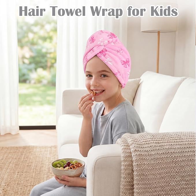 Microfiber Hair Towel Wrap for Kids 2 Pack Quick Drying Hair Towels with Button Hair Turbans for Wet Hair Absorbent Quick Dry Wraps Head Towel Wrap for Women and Girls, Pink Purple Bow