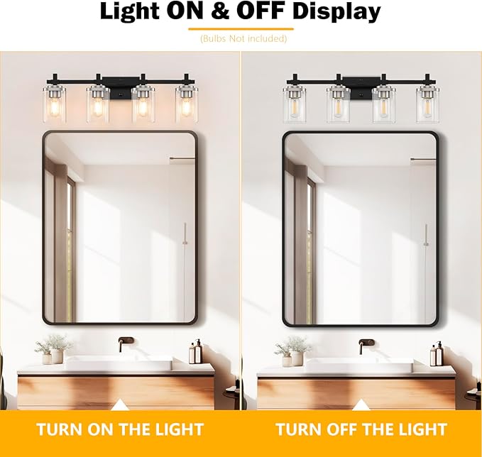 4-Lights Black and Brushed Nickel Vanity Lights with Clear Glass Shade, Bathroom Wall Light Fixtures, 30.3 Inch Large Vanity Lighting Fixture for Bathroom Mirror Living Room ﻿