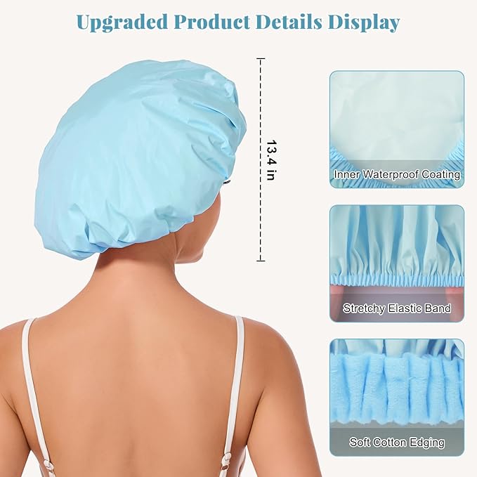 Shower Cap for Women Waterproof Reusable, Large Shower Cap Non-Slip with Elastic Band, Washable Bath Hair Hat for Long Hair, Braids (Light Blue)