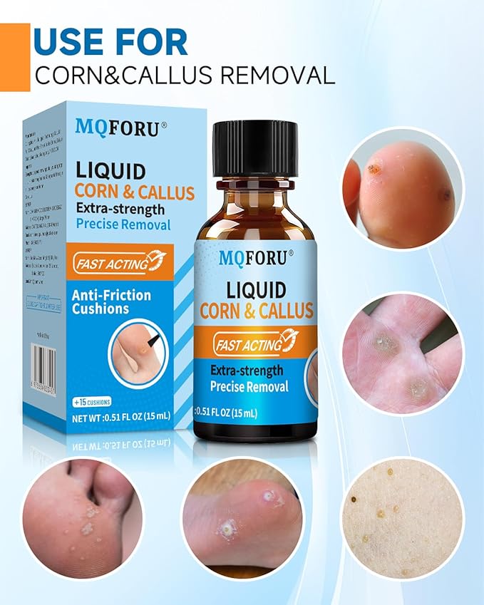 MQFORU Liquid Corn & Callus Removers for Toes & Feet, Extra Strength Corn Removal Fast Acting, 0.5 Fl oz + 15 Corn Cushions + 10 Swabs, Effective Foot Care Solution