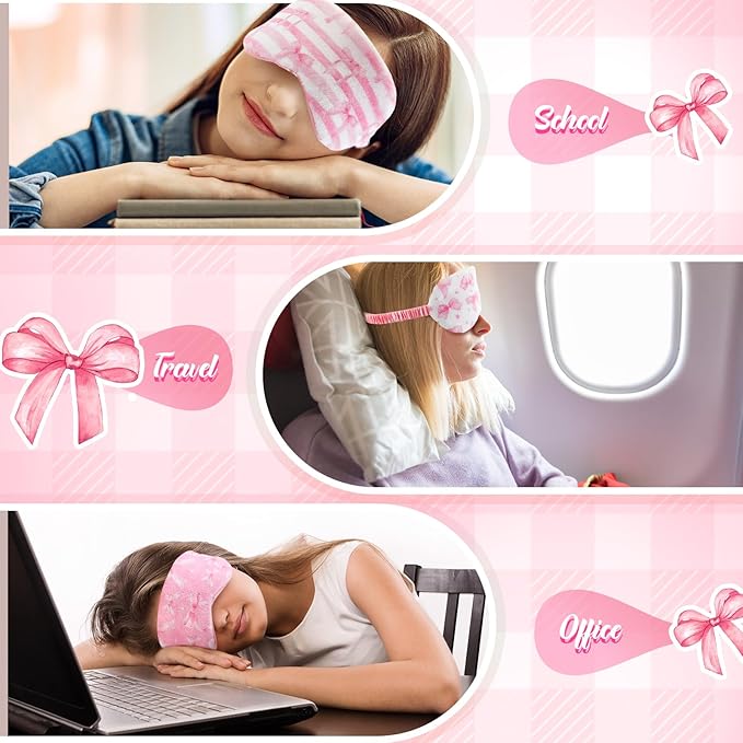Cuffbow 6 Pack Plush Sleep Mask Set, Cute Plush Eye Masks for Sleeping, Soft Comfortable Travel Nap Blindfold, Sleepover Party Favors for Women(Plaid Bow,Pink)
