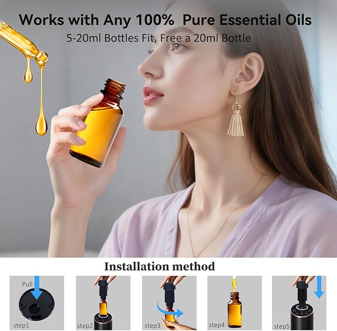 Waterless Essential Oil Diffuser Aromatherapy Scent Diffusers for Home Large Room, Bedroom, Car, Office, Desk, Battery Operated Mini Portable Air Freshener, 3 Countdown Timers & 3 Mist Levels, Silver