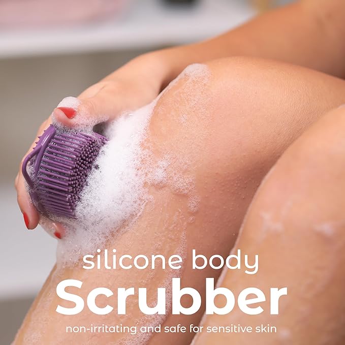 MainBasics Silicone Body Scrubber Dual-Sided Shower Loofah and Massaging Nodes (Purple, Massage)